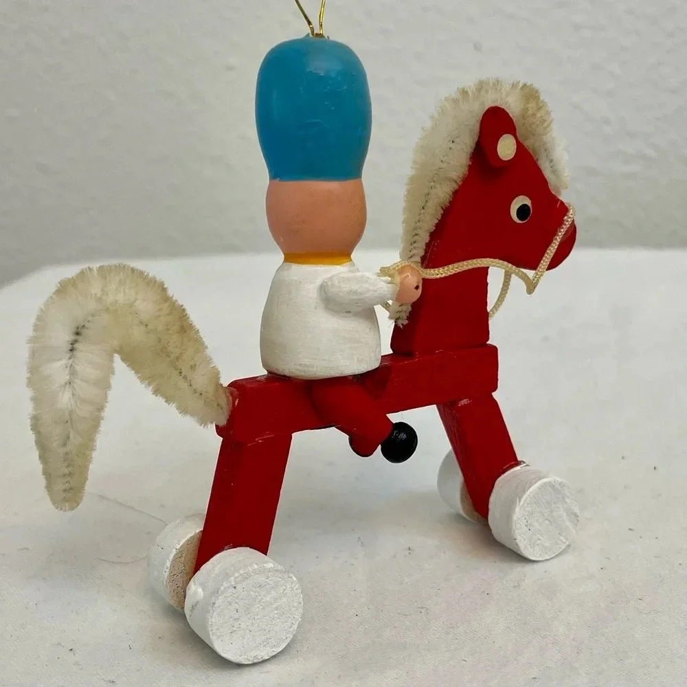 Vintage Russ Country Antique Ornaments Wooden Solider On Red Horse Style #BX2874